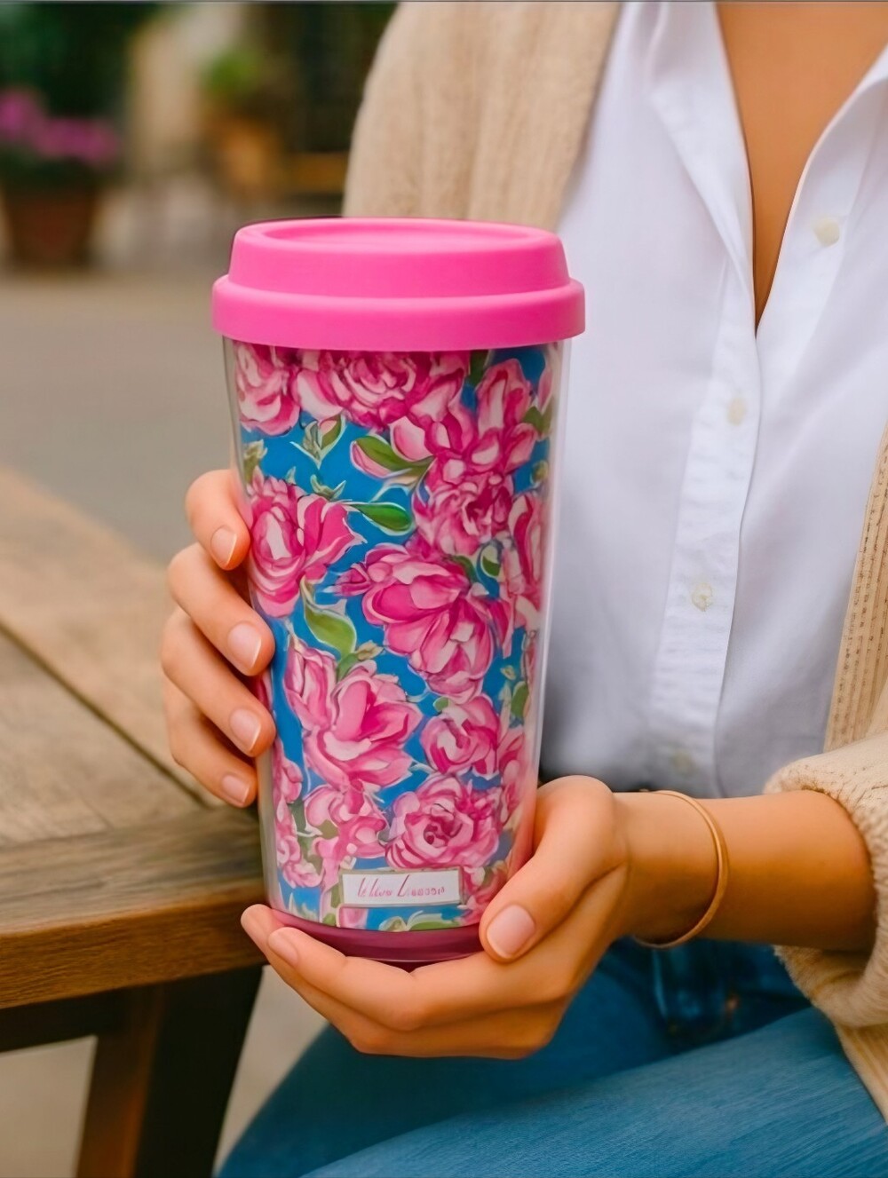 Lilly Pulitzer Insulated Travel Mug Floral Pink Flip Top Lid Tumbler 16oz NWOT